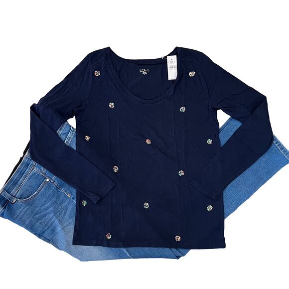NWT LOFT Navy W/Multicolored Sequin Clusters Long Sleeve V-Neck T-Shirt -SIZE XS - Picture 1 of 8